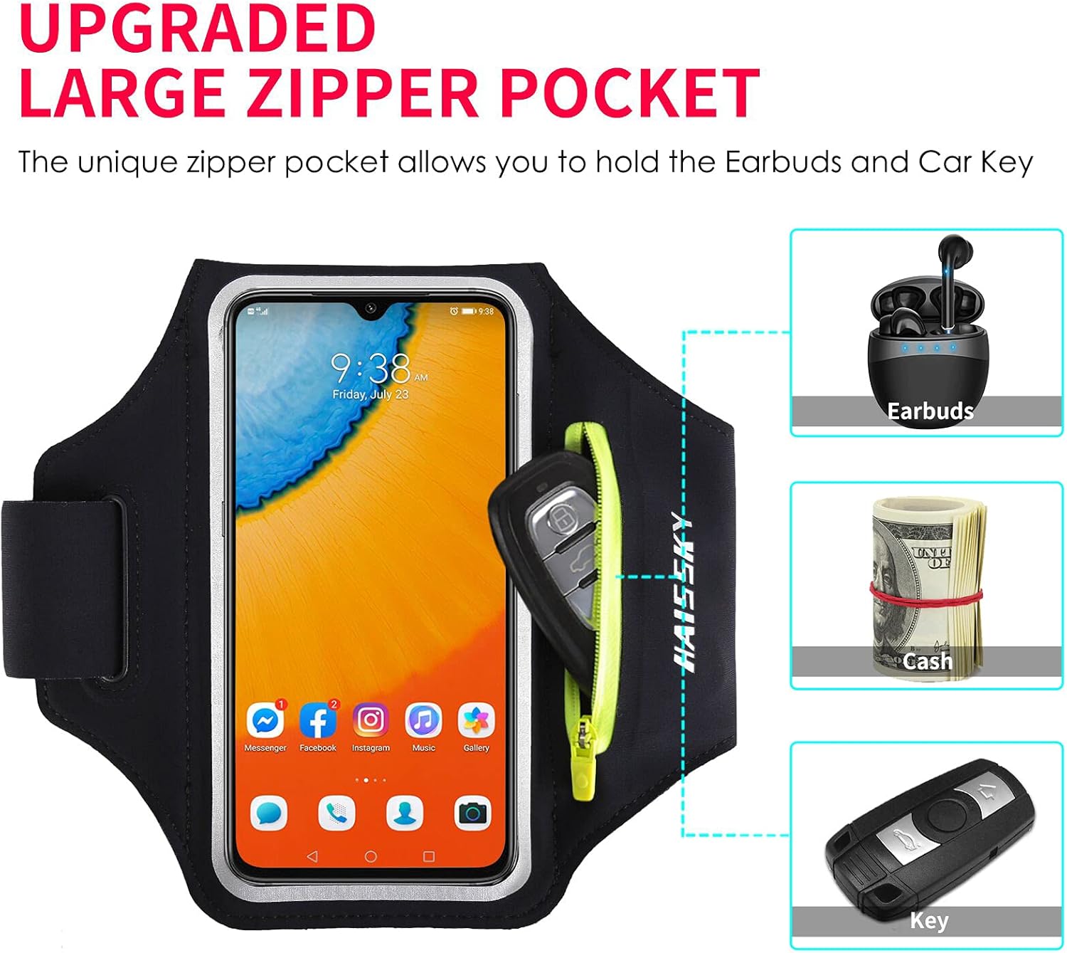 HAISSKY Running Armband: Hands-Free Phone Holder w/ Zipper Pocket - Image 3
