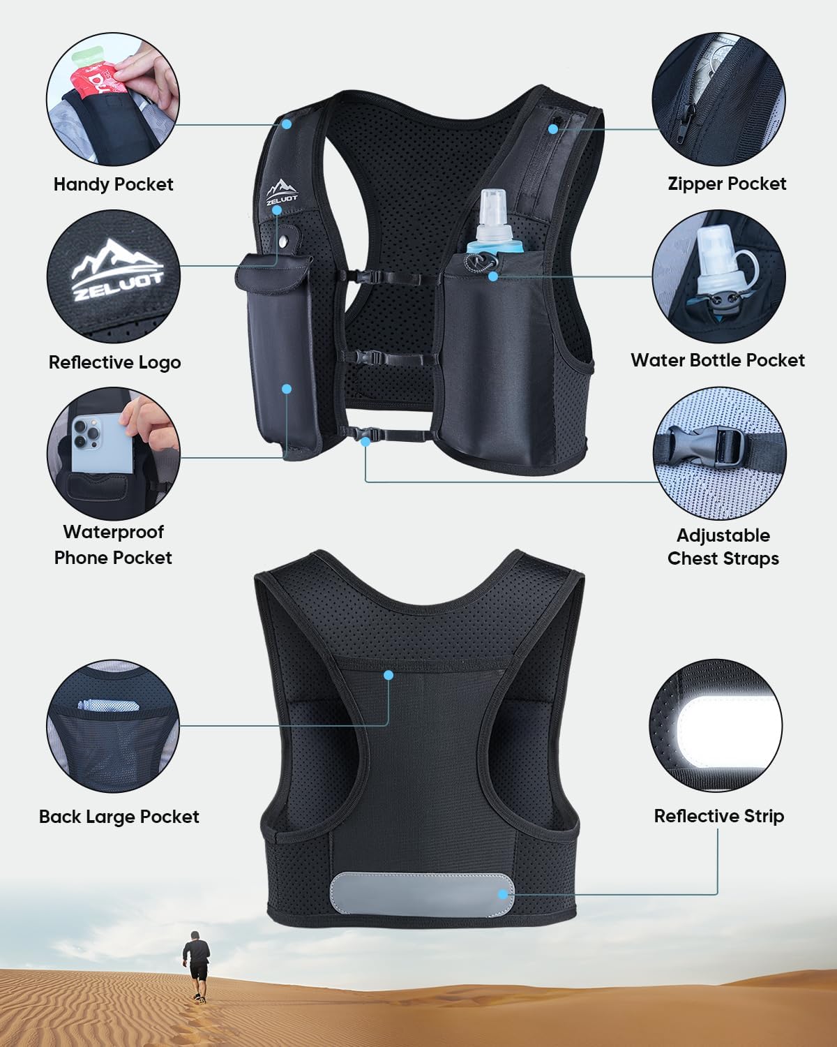 Zelvot Running Hydration Vest: UK Patent, Adjustable, Phone Holder - Image 3