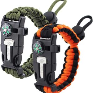 ZHIYE Survival Paracord Bracelet Flint Fire Starter Scraper Compass Wilderness Survival Whistle Adjustable Wristband 2Pack Armygreen&BlackOrange