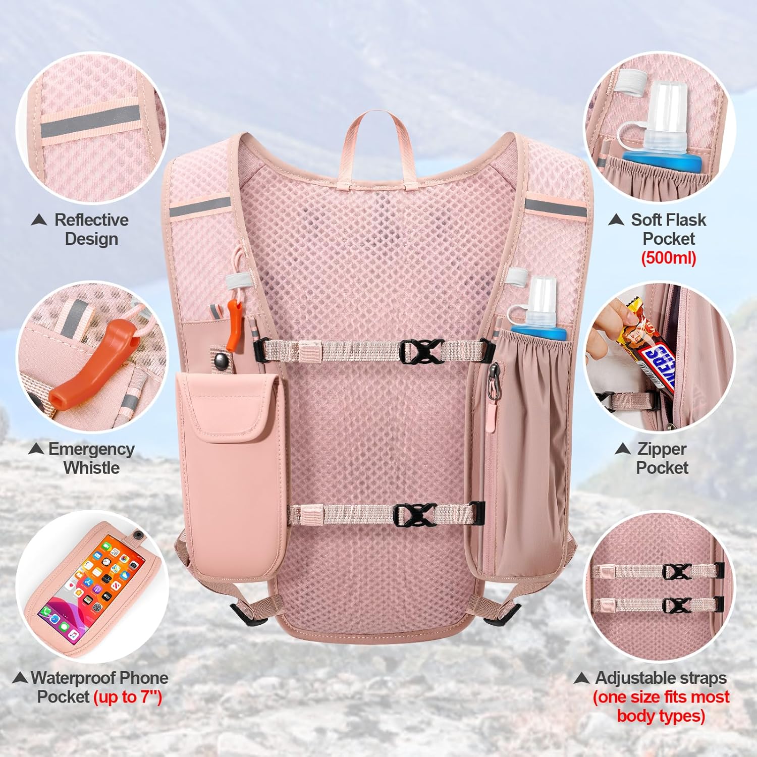 Lightweight Reflective Running Vest w/ 500ml Bottle for All Adventures - Image 3