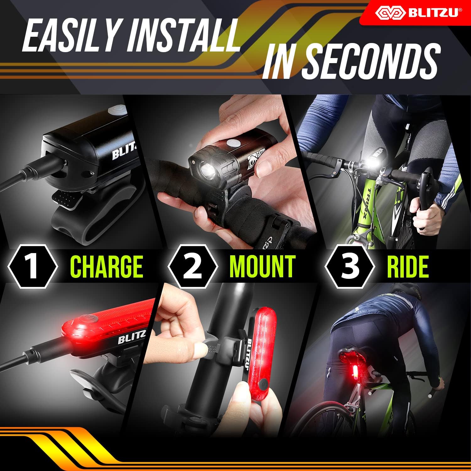 BLITZU Gator 320 Bike Lights: USB-C Rechargeable, Bright Front & Rear Set - Image 2