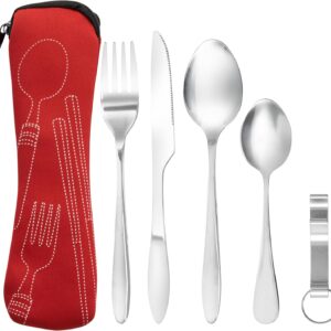 Bramble - 5 Piece Premium Stainless Steel Portable Cutlery Set with Pouch Case, Outdoor Travel Camping Utensil Set - Red