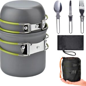 Camping Cooking Set for 1-2 Person, Portable Camping Cookware, Non-stick Aluminium Camping Pots Mess Kit with Foldable Utensils for Camping Hiking Picnic