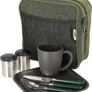 Camping Cutlery Set with Case, Stainless Steel, Plate, Mug, 3pc Utensils, 2 Storage Containers Compact Outdoor Dining Kit for Picnics, Hiking, Solo Adventures and Carp Fishing Sessions
