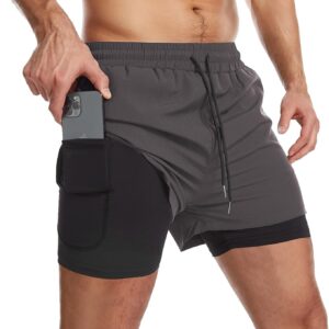 Danfiki Men Running Shorts Men's Shorts Workout with Phone Pocket 2 in 1 Gym Training Shorts Lightweight Quick Drying