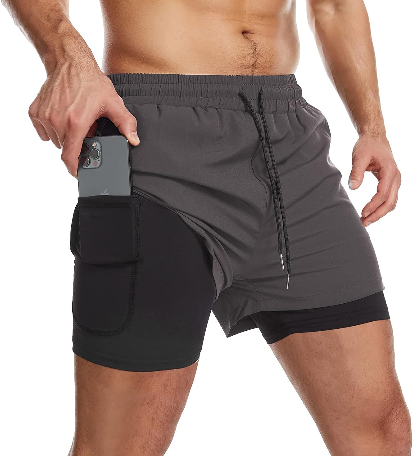 Danfiki Men Running Shorts Men's Shorts Workout with Phone Pocket 2 in 1 Gym Training Shorts Lightweight Quick Drying