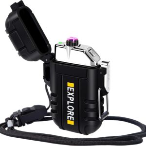 Electric Lighter Rechargeable USB, Electronic Plasma Arc Lighter Windproof and Waterproof for Hiking, Camping, Outdoor, Survival, Tactical, EDC Gear, Gifts for Him Men (Black)