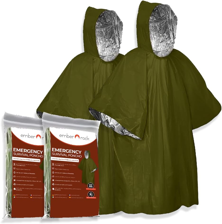 Emergency Survival Rain Poncho - 2 Pack Thermal Mylar Foil Blanket - Reversible Waterproof Heat Retention Rain Protection - Bushcraft Outdoor Gear