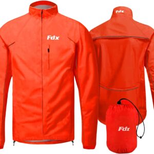 FDX Men’s Cycling Jacket - Waterproof Lightweight Breathable Cycle Rain Jersey - High Visibility Full Sleeves Reflective Tops - Windproof Packaway Pouch Coat for Running, Riding, Mountain Bike Racing