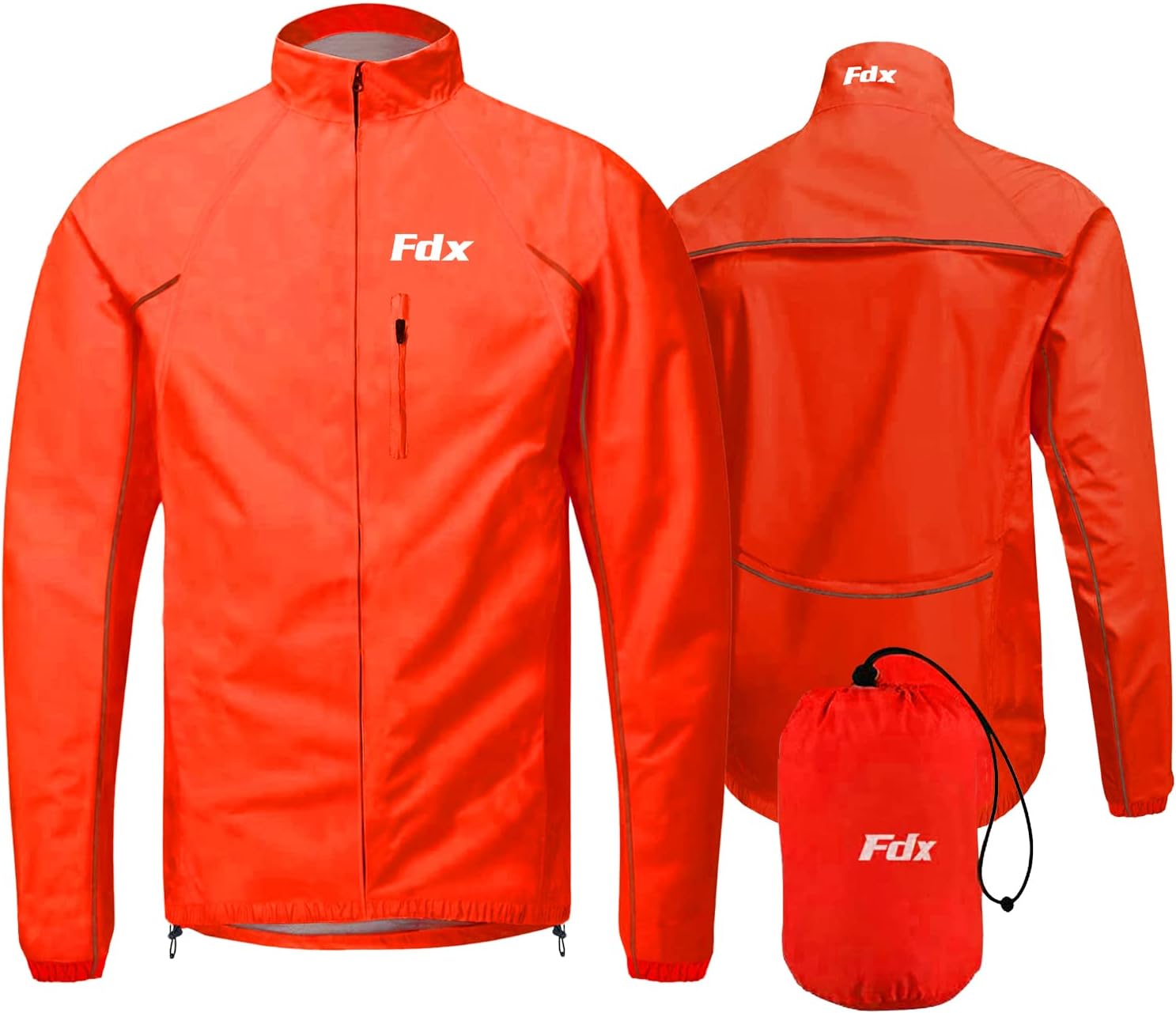 FDX Men’s Cycling Jacket - Waterproof Lightweight Breathable Cycle Rain Jersey - High Visibility Full Sleeves Reflective Tops - Windproof Packaway Pouch Coat for Running, Riding, Mountain Bike Racing
