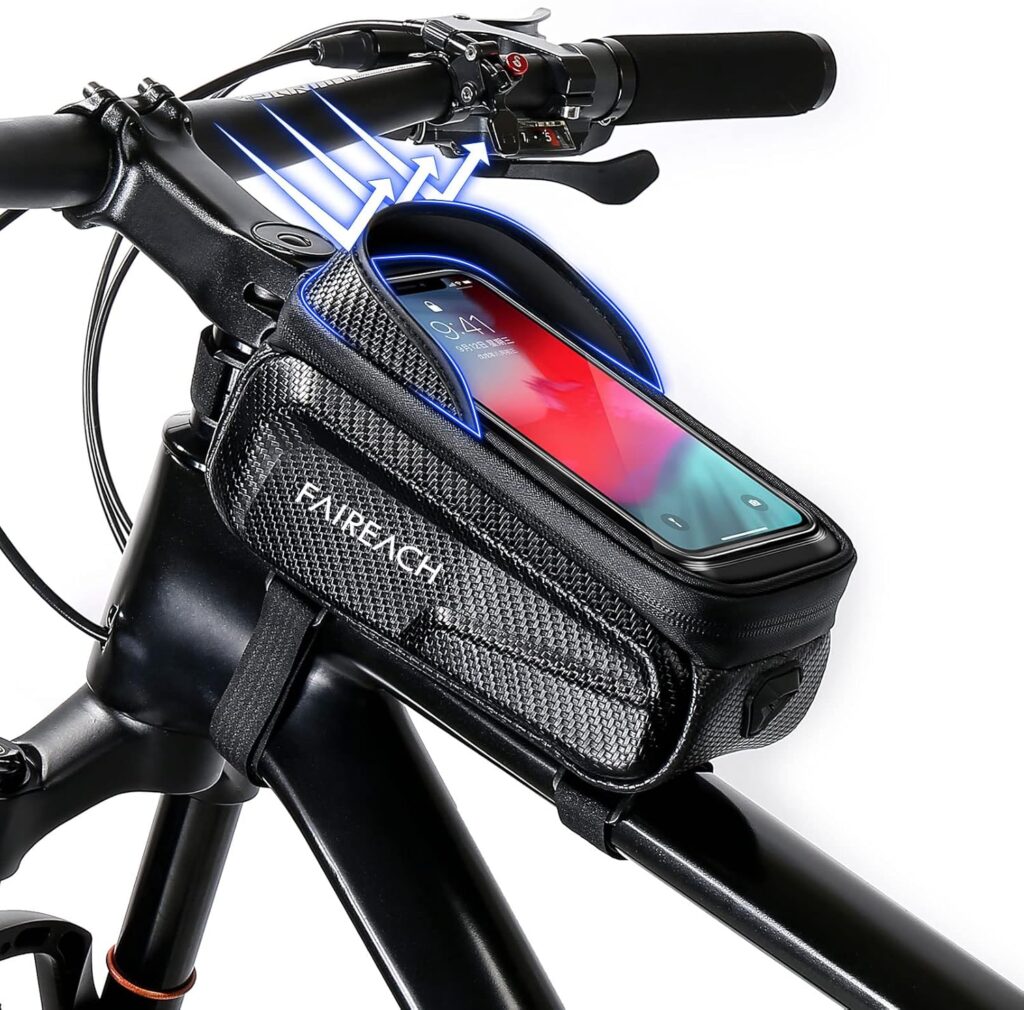 Faireach Bike Handlebar Bag with Mobile Phone Holder, Bicycle Frame Top Tube Pouch, Waterproof Cycle Cell Phone Mount with Touch Screen Window, for iPhone Samsung Smart Phone up to 6.8''