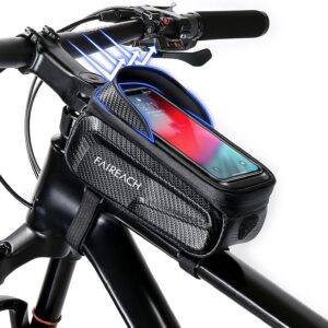 Faireach Bike Handlebar Bag with Mobile Phone Holder, Bicycle Frame Top Tube Pouch, Waterproof Cycle Cell Phone Mount with Touch Screen Window, for iPhone Samsung Smart Phone up to 6.8''
