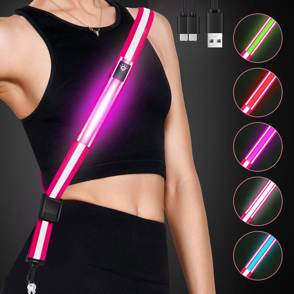 Fitense LED Reflective Belt Sash - 5 Lights Colors & 3 Light Modes High Visibility Night Safety Belt for Walking at Night, Rechargeable Light Up Running Gear Adjustable Vest Straps for Men Women Kids