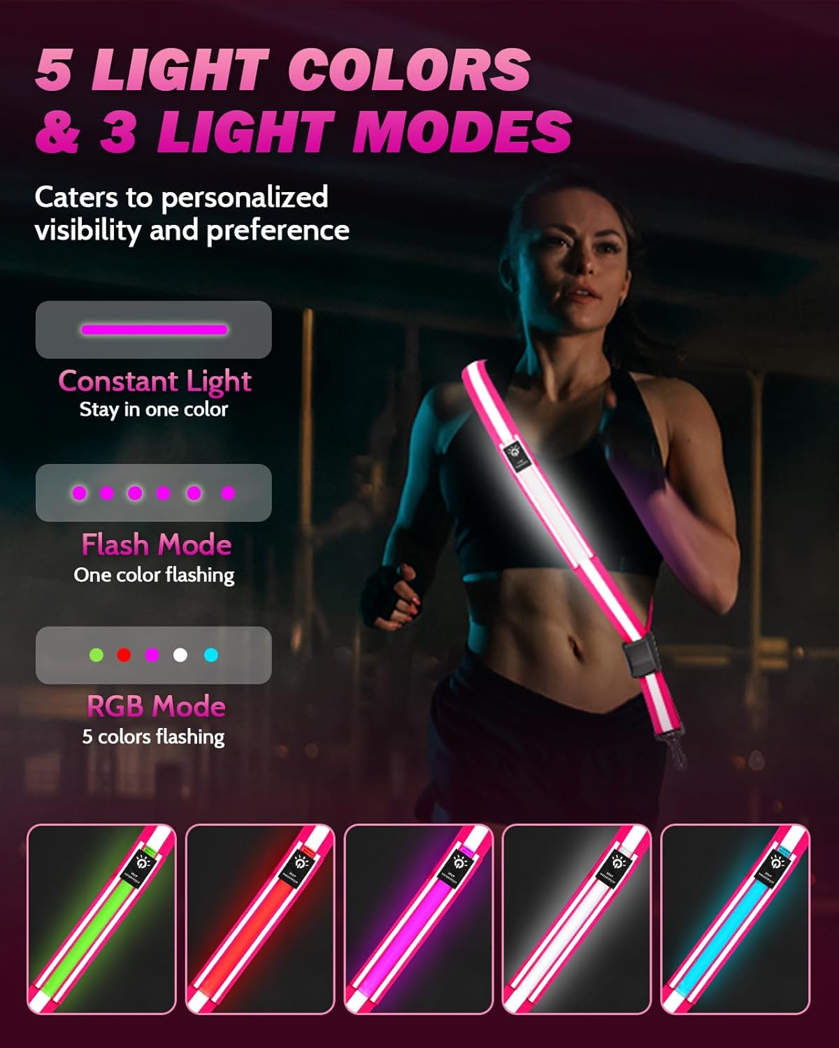 Fitense LED Reflective Belt: 5 Colors, 3 Modes, Rechargeable, Night Safety - Image 2