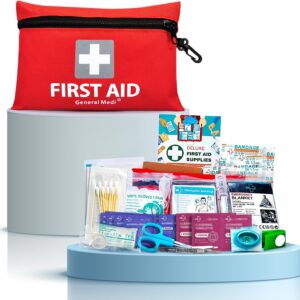 General Medi Mini First Aid Kit, 92 Pieces Small First Aid Kit - Includes Emergency Foil Blanket, Scissors for Travel, Home, Office, Vehicle, Camping, Workplace & Outdoor (Red)