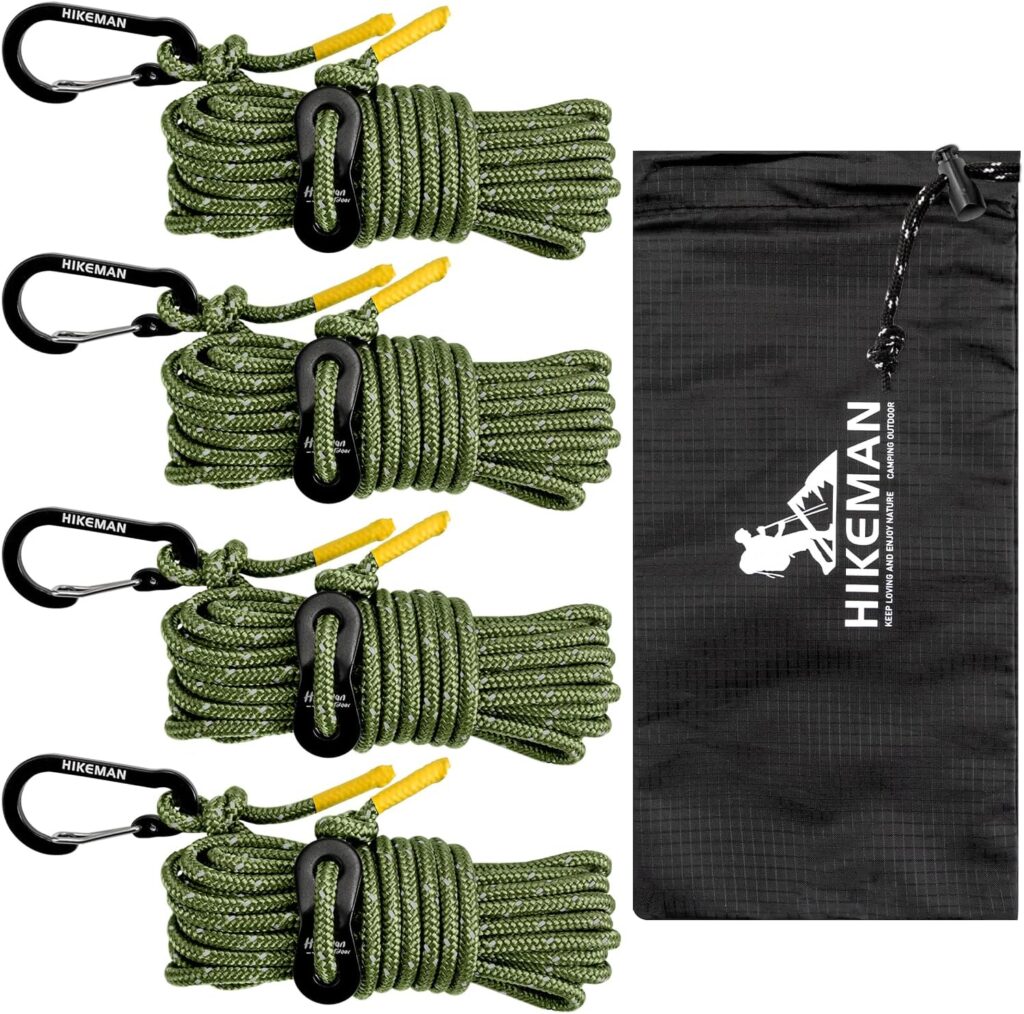 HIKEMAN Reflective Tent Guy Ropes - 4M Camping Guide Ropes,4mm Tent Guide Lines Cord with Aluminum Tensioners Adjuster for Outdoor Camping Hiking Caravan Awning Tents (Army Green, 4mm)