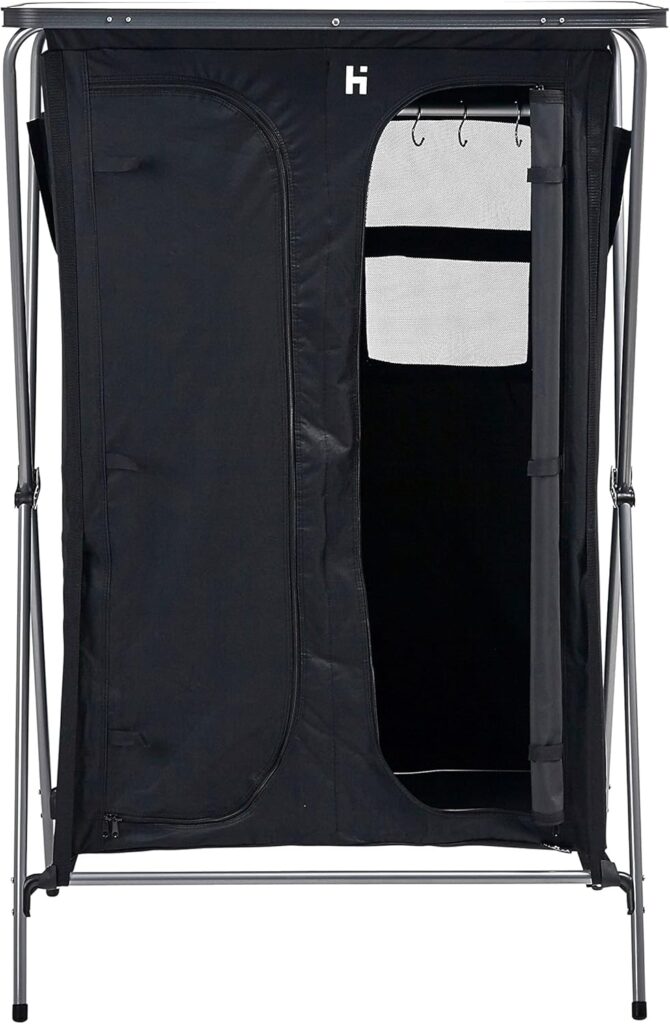 Hi-Gear Elite 6 Wardrobe with 5 Shelves, Hanging Rail & Side Pockets, Steel Frame, Easy to Assemble, Portable, Folding, Collapsible, Ideal for Camping and Festivals, includes Carry Bag, Black