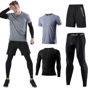Holure Men's Sports Running Set (Pack of 4 or 5) Athletic Shirt+Short/Compression Shirt+Pants with Coat Tracksuit Gym Suits
