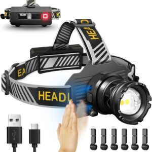 Hyted Head Torch Rechargeable,5000LM Super Bright Zoomable 6 Modes LED Headtorch with Red Warning Light, Motion Sensor, USB Rechargeable Waterproof, Adjustable Headlamp for Camping Running Fishing