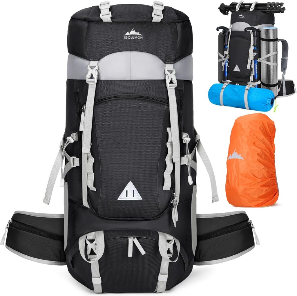 IGOLUMON 60L Hiking Backpack with Rain Cover Waterproof Large Camping Rucksack Backpacking Backpack Lightweight Trekking Walking Backpack Travel Rucksack for Outdoor Sports