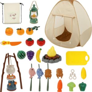 Kids Pretend Play Set, Kids Camping Set Include Pop Up Tent, BBQ Grill, Campfire, Music Oil Lamp, Stove, Cooking Utensils and Play Food Toddler Camping Gear Kit Xmas Gift for Boys Girls(34pcs)