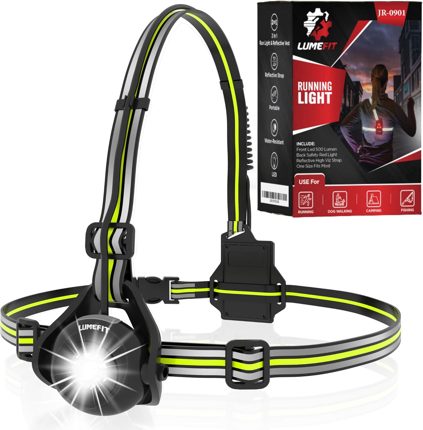 LUMEFIT Run Light Running Lights for Runners Chest LED Lamp 90° Adjustable Beam Angle 500 Lumen 360 Degree Reflective Band USB Rechargeable Front Body Torch Jogging Hiking