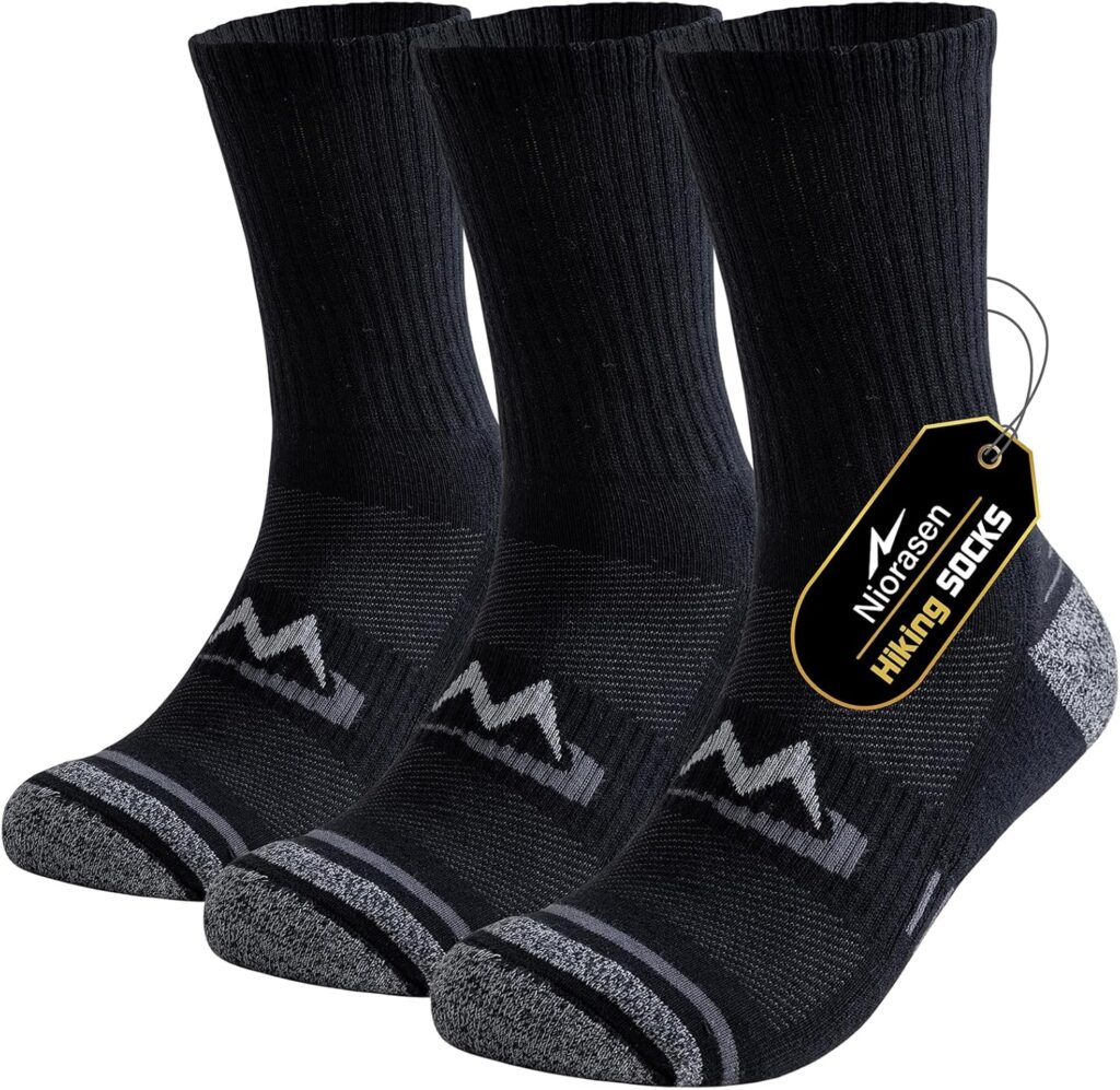 Niorasen Mens Sports Socks, Cushioned Anti Blister Hiking Socks, Crew Breathable Cotton Walking Socks, Multi Performance Trekking Running Work Socks 3 Pairs