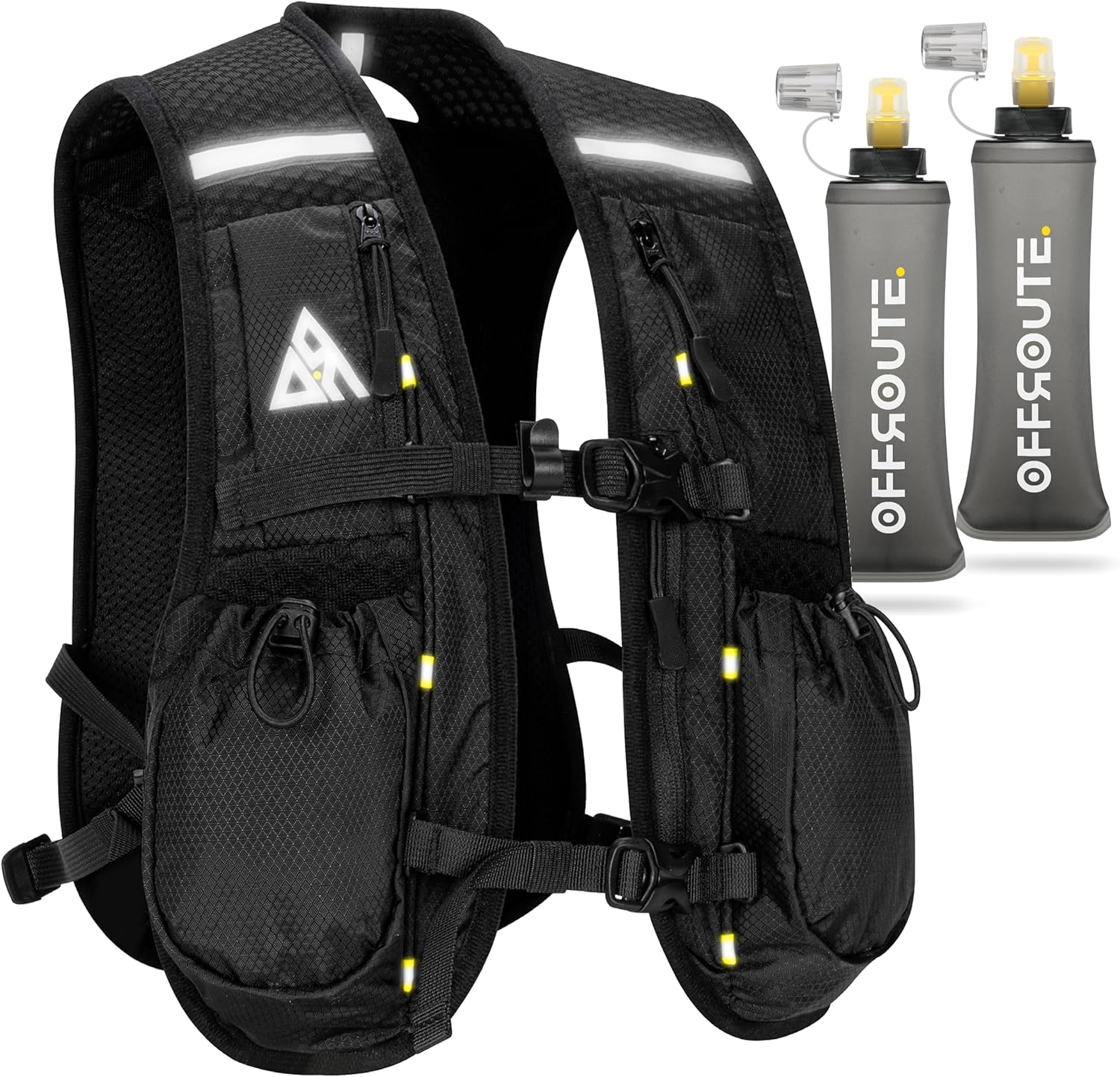 OFFROUTE. Running Vest - Hydration Vest with Water Bottle -Adjustable Unisex Reflective Vest with Phone Holder and Storage - Lightweight and Durable Running Backpack