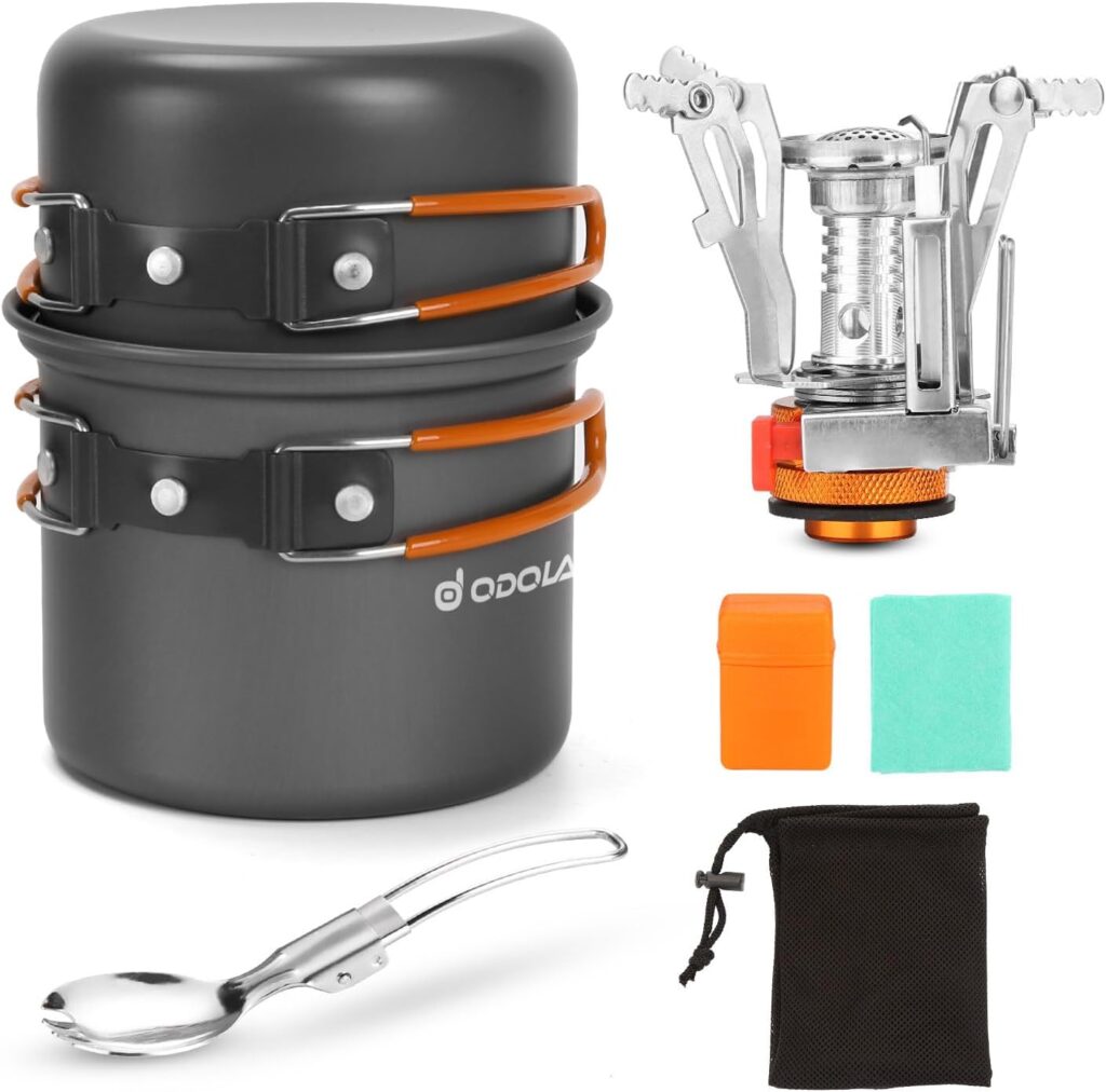 Odoland Camping Cookware Set With Stove for 1-2 People - Portable Campfire Stainless Steel Cook Gear Traveling Cooking Equipment Utensils Outdoor Cooking Kit for Trekking Hiking Picnic