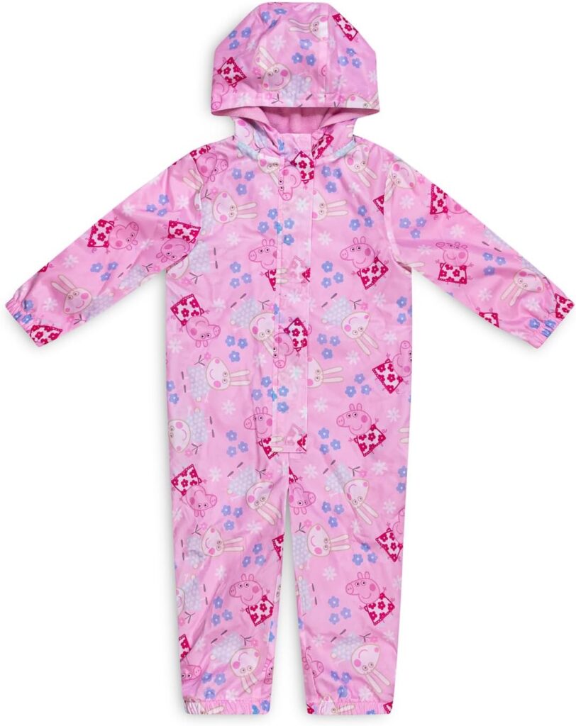 Peppa Pig Girls Waterproof Puddle Suit – All-in-One Girls Rain Suit with Hood, Fleece Lining, Hook and Loop Fastening, Elasticated Cuffs – Toddler Outdoor Clothing