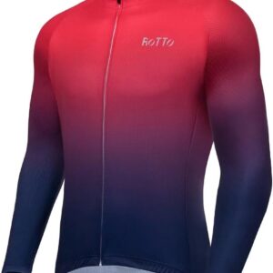 ROTTO Cycling Jersey Mens Bike Shirt Long Sleeve Cycle Top with Pockets Gradient Color Series
