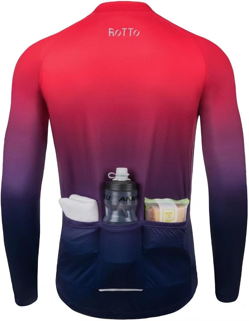 ROTTO Men's Long Sleeve Cycling Jersey - Breathable, Pockets, Stylish Gradient - Image 2
