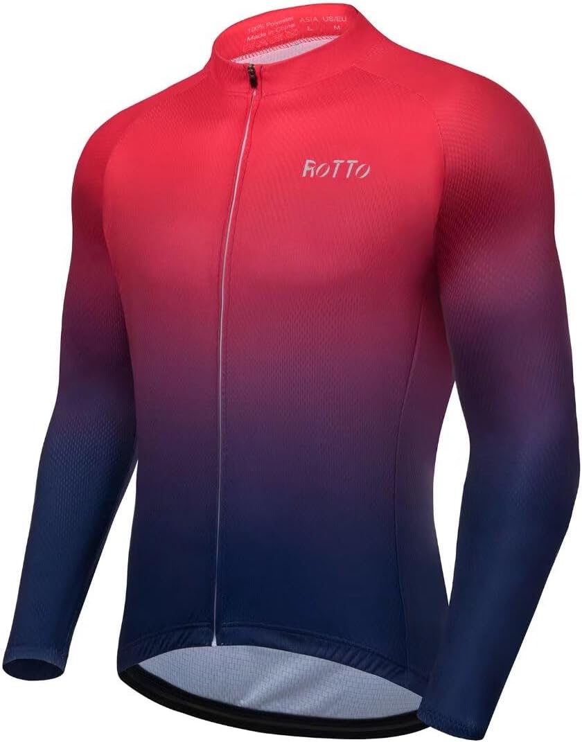 ROTTO Cycling Jersey Mens Bike Shirt Long Sleeve Cycle Top with Pockets Gradient Color Series