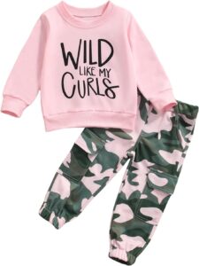 Toddler Girls Spring Fall Outfits: Letter Sweatshirt & Camo Pants Set