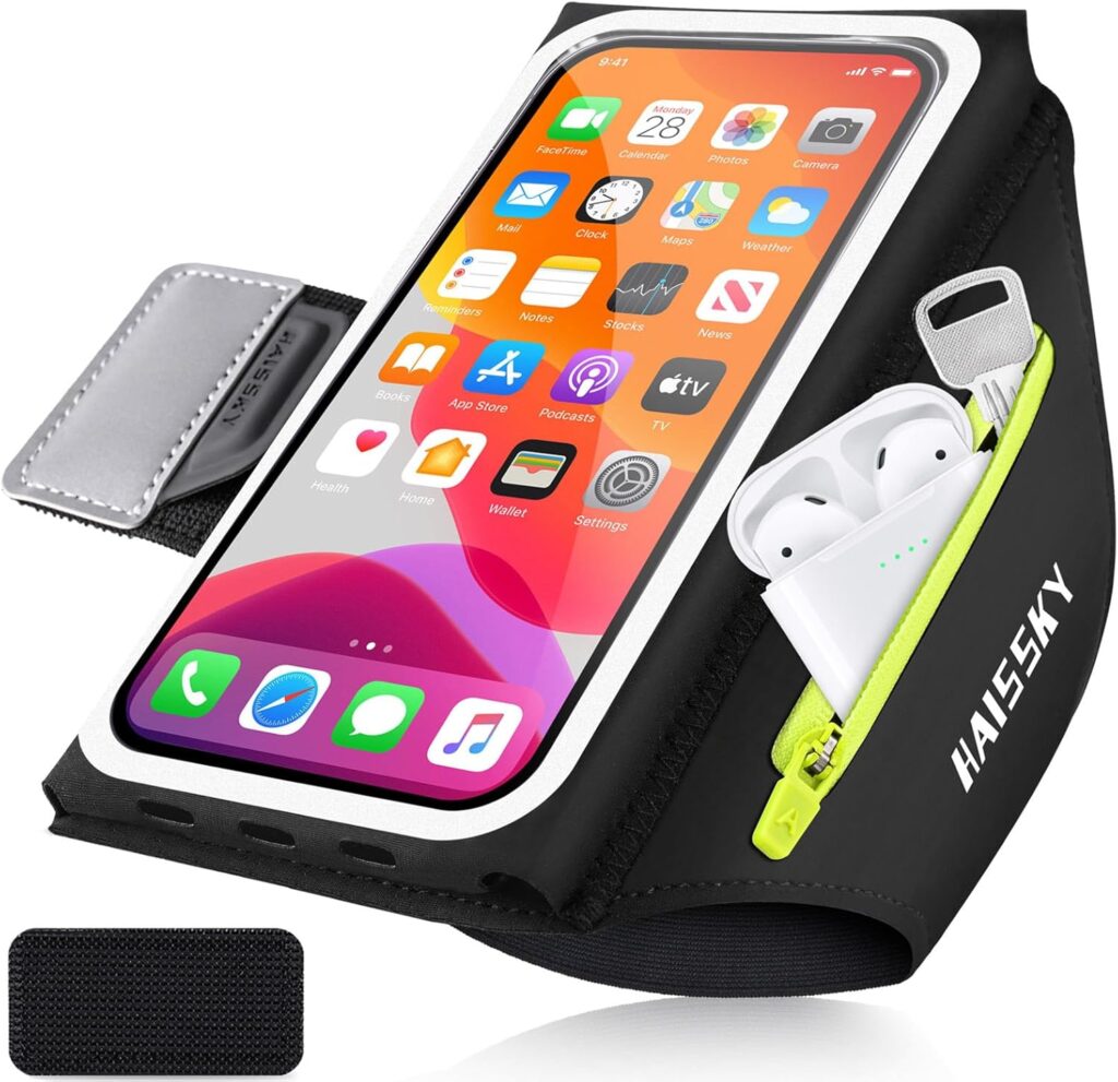 Razobws 6.8'' Running Phone Holder with Earphone Bag, Running Armband for iPhone 16 15 14 13 12 Pro Max Galaxy S25 S24 S23 Waterproof Armband for Thick Phone Case with Adjustable Strap Car Key Pocket