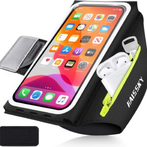 Razobws 6.8'' Running Phone Holder with Earphone Bag, Running Armband for iPhone 16 15 14 13 12 Pro Max Galaxy S25 S24 S23 Waterproof Armband for Thick Phone Case with Adjustable Strap Car Key Pocket