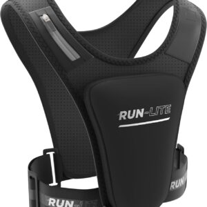 Run Lite® Running Vest with Waterproof Phone Holder, Adjustable Belt, Reflective Design, 2 Pockets for Keys/Gels, Fits Phones Up to 6.8” (Unisex Adult)