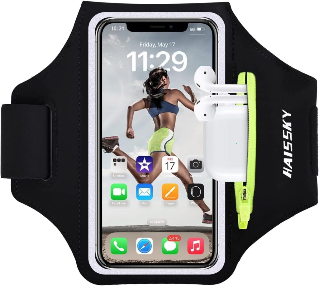 Running Phone Holder Armband With Airpods Zipper Pocket - Sweatproof Sports Gym Case Fits iPhone 15/14/13/12/11Pro Max With Touchscreen up to 6.9"