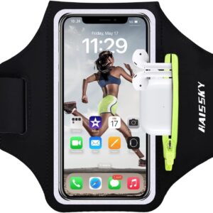 Running Phone Holder Armband With Airpods Zipper Pocket - Sweatproof Sports Gym Case Fits iPhone 15/14/13/12/11Pro Max With Touchscreen up to 6.9"