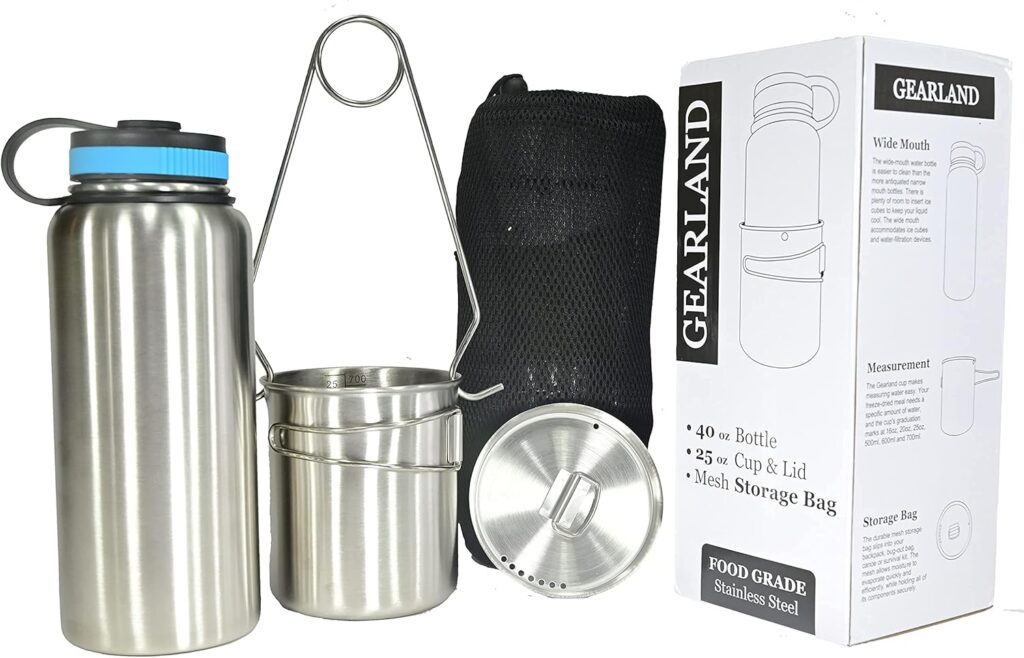 Stainless Steel Bottle with Nested Camping Cup with Lid - Canteen, Camping Cookware, Measuring Kit, Bushcraft Gear, Bug Out Kits, Camp Mug, Bugout Bag