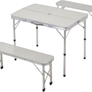The Fellie Picnic Table and Bench Set Folding Camping Table with Parasol Hole 2 Bench Chair Aluminum Portable Tables Chair for Picnic, BBQ，White