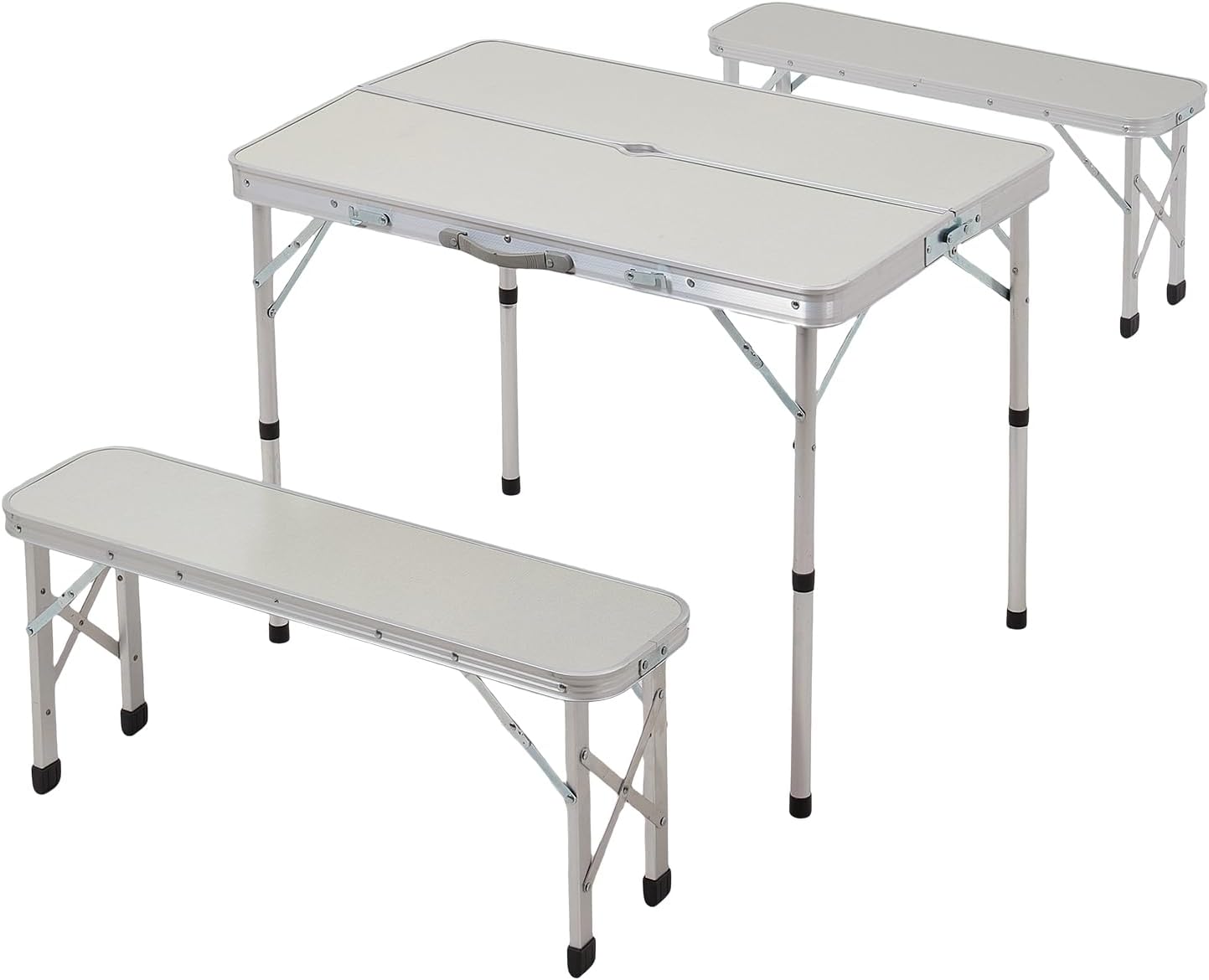 The Fellie Picnic Table and Bench Set Folding Camping Table with Parasol Hole 2 Bench Chair Aluminum Portable Tables Chair for Picnic, BBQ,White