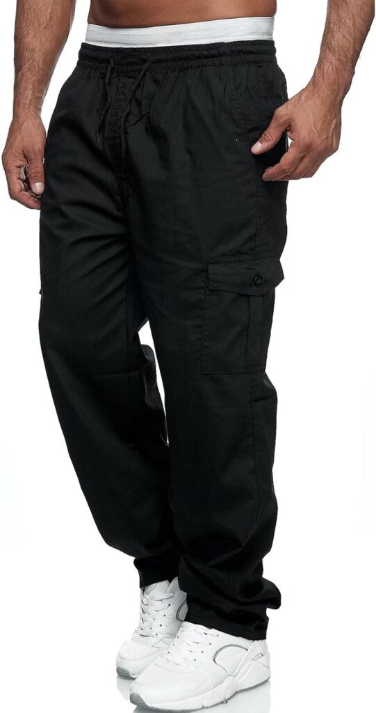 VANVENE Mens Cargo Work Trousers Lightweight Cotton Casual Jogger Elastic Waist Drawstring Outdoor Pants with Pockets