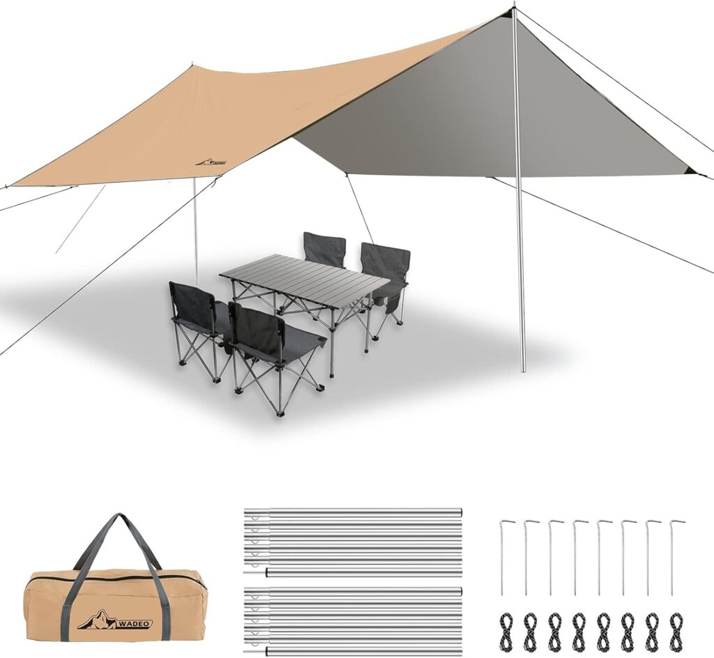WADEO 3x3.6M/10×12FT Camping Tarp, Waterproof Heavy-Duty Tarp Shelter with Adjustable Poles, UV Protection, Sun & Rain Cover, Hammock Tent for Camping, Beach, Festival