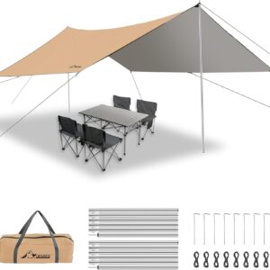 WADEO 3x3.6M/10×12FT Camping Tarp, Waterproof Heavy-Duty Tarp Shelter with Adjustable Poles, UV Protection, Sun & Rain Cover, Hammock Tent for Camping, Beach, Festival