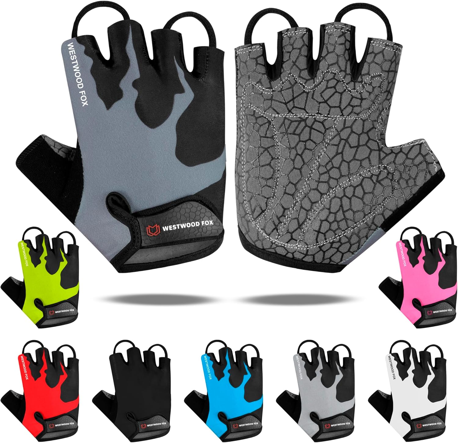 WESTWOOD FOX Cycling Gloves Half Finger Unisex Padded Grips Palm Bicycle Summer Riding MTB Bike Gloves for Men Women Non-Slip Fingerless Short Mountain Bike Ride Sports Hiking Mitts Climbing Gym