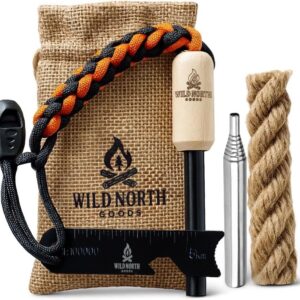 Wild North Goods Fire Starter Kit - Ferro Rod, Striker, Tinder Rope, Bellow & Bag - Survival Gear for Camping, Bushcraft, Hiking & Emergency Use (15,000+ Strikes)