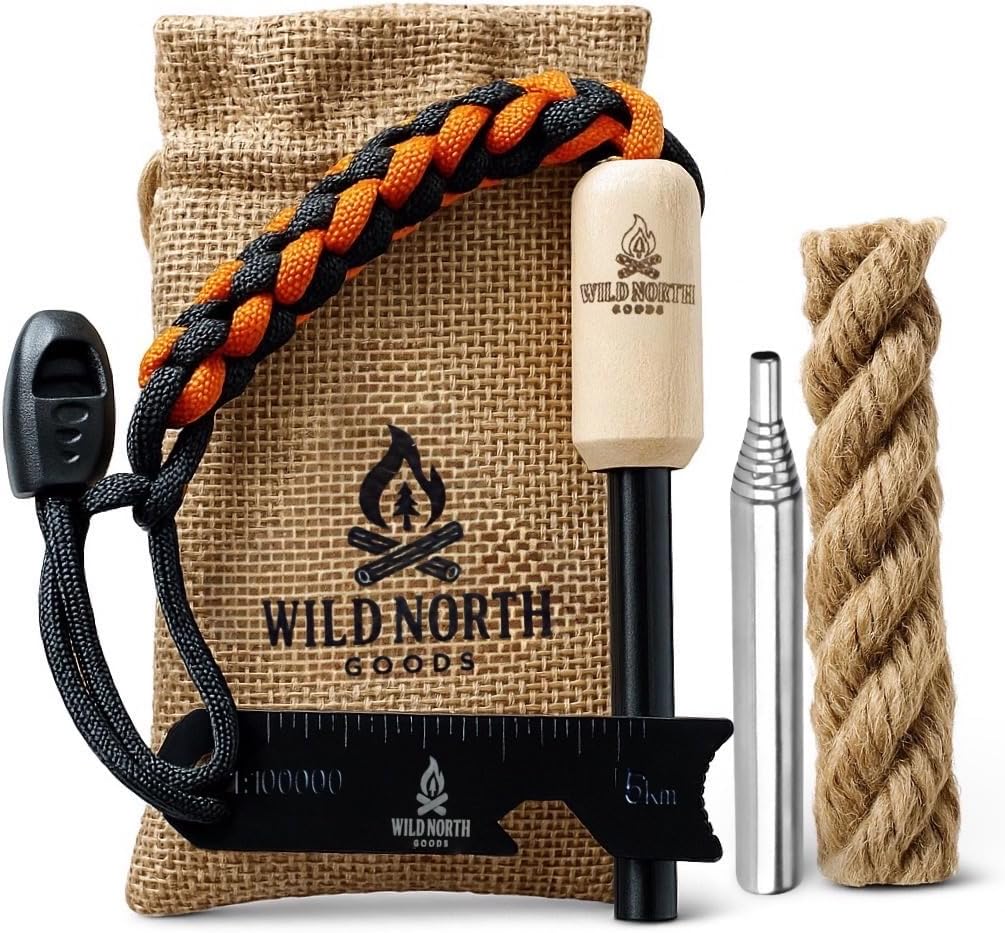 Wild North Goods Fire Starter Kit - Ferro Rod, Striker, Tinder Rope, Bellow & Bag - Survival Gear for Camping, Bushcraft, Hiking & Emergency Use (15,000+ Strikes)