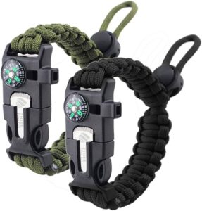2-Pack Survival Paracord Bracelet: Fire Starter, Compass, Whistle