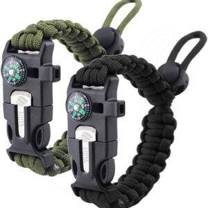 ZHIYE Survival Paracord Bracelet Flint Fire Starter Scraper Compass Wilderness Survival Whistle Adjustable Wristband 2Pack Black&Armygreen